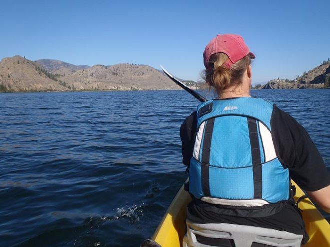Sue kayaking on Skaha Lake